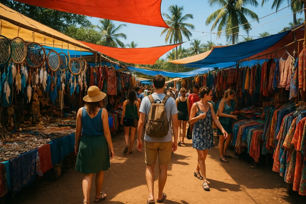 tourists and foreigners strolling in vibrant anjuna flea market, street is filled with cloth and dream catcher shops