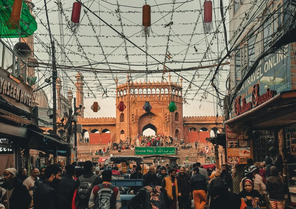 chandani chowk delhi bustling . crowded and tangled electric wires street market giving old city vibes