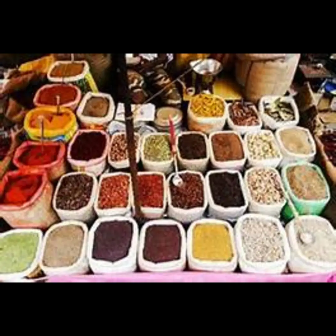 jew town famous spices placed on a rack and in a small shop in market.